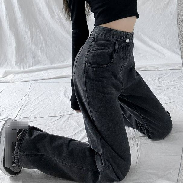 High-Waisted Wide-Leg Jeans – Flowy Straight Denim Pants With Dragging Hem For Women (Dark Grey/Light Blue)_mkmklike.com