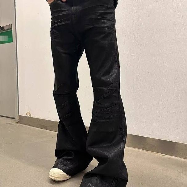 American Retro Brushed Wax Coated Jeans, Unisex Baby Style, Pleated Casual Couple's Slightly Flared Wide Leg Pants, Trendy._mkmklike.com