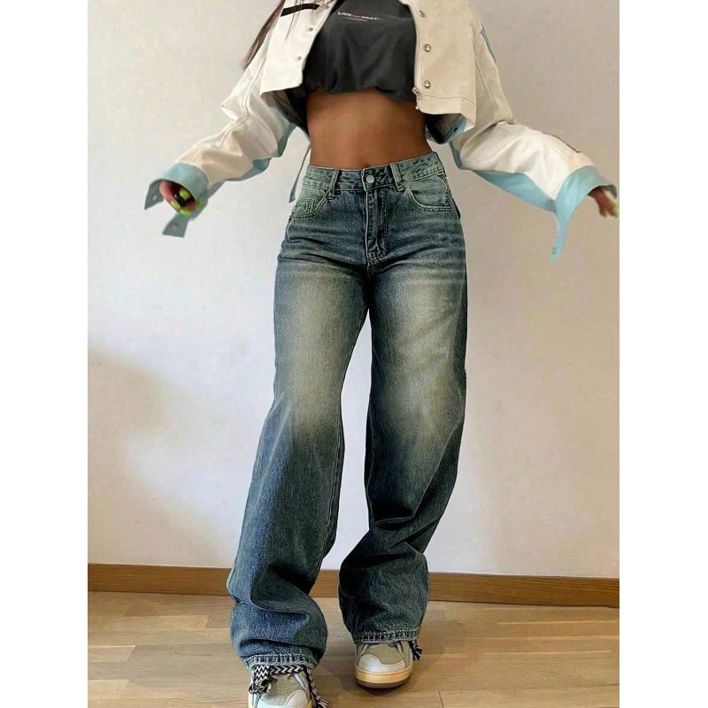 High Waisted Wide Leg Jeans for Women European American Style Retro Washed Straight Leg Loose Fit Slimming Floor Length Sexy Denim Trousers_mkmklike.com