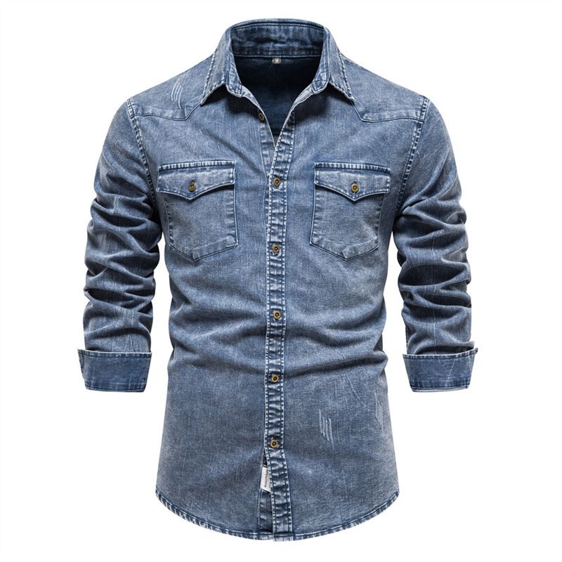 Men's Distressed Denim Shirt - Heavy Washed Cotton Workwear Shirt For Casual Wear (S-XXL)_mkmklike.com
