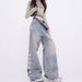 KENH Distressed Tassel Patchwork Ripped Jeans For Women, Loose-fitting, Slimming, Floor-length, High-waisted Wide-leg_mkmklike.com