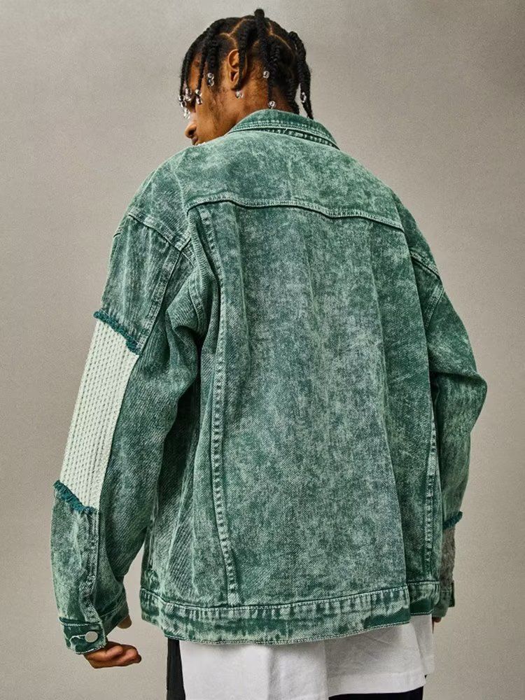 Men's Vintage Distressed Denim Jacket - Oversized Streetwear Button-Up Coat With Faded Print & Contrast Stitching_mkmklike.com