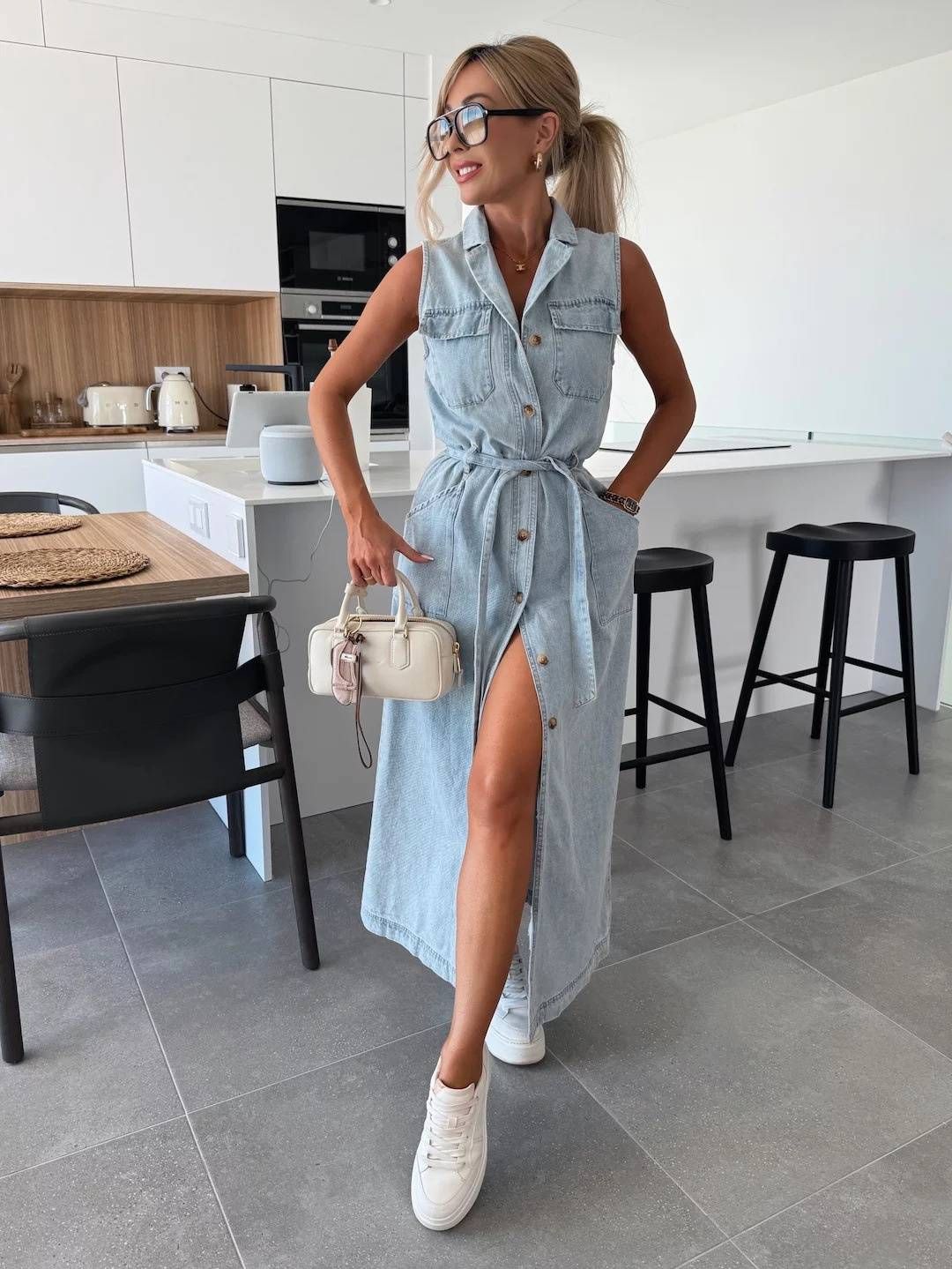 Women's Clothing New Sleeveless Long Tie Waist Single Breasted Denim Dress_mkmklike.com