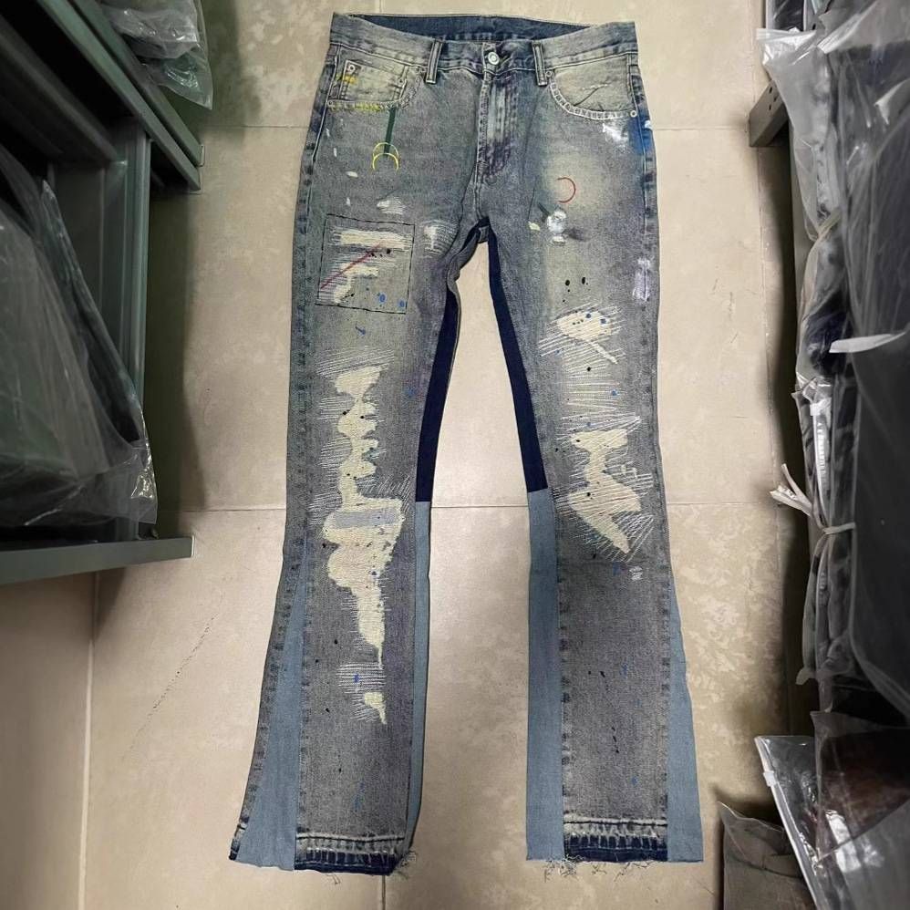 Men's Clothing Washed Old Damaged Holes Cat Whisker Embroidery Print Ink Splash Micro Flared Wide Leg Jeans Jeans_mkmklike.com