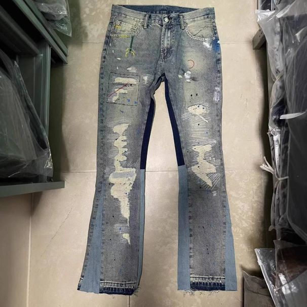 Men's Clothing Washed Old Damaged Holes Cat Whisker Embroidery Print Ink Splash Micro Flared Wide Leg Jeans Jeans_mkmklike.com