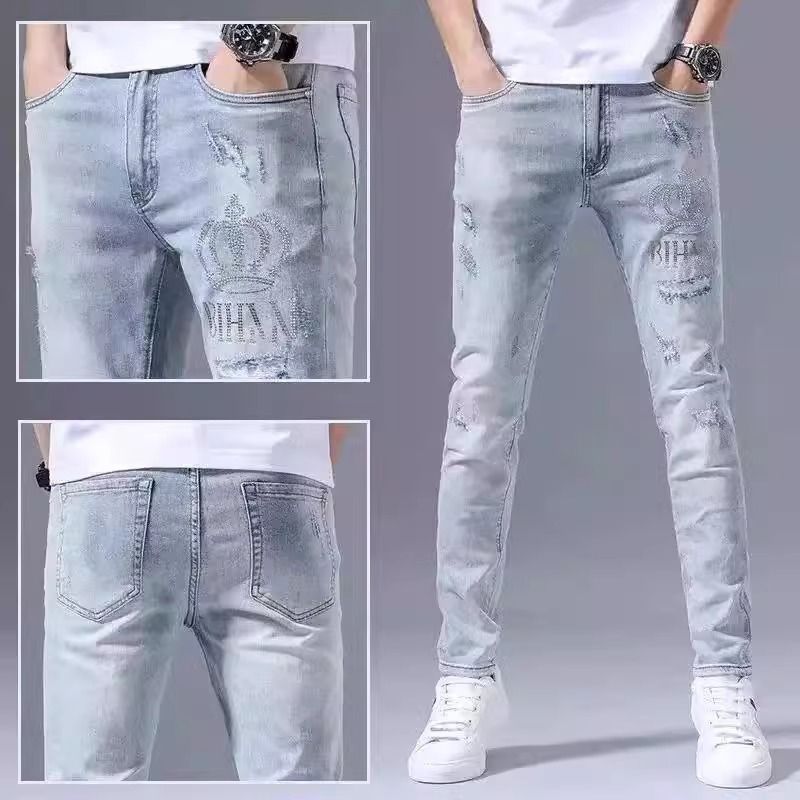Men's Clothing Spring And Autumn Ripped Jeans Men's Slim Fit Skinny Jeans Trendy Brand Hot Diamond Light Blue Thin Long Trousers_mkmklike.com