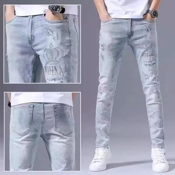 Men's Clothing Spring And Autumn Ripped Jeans Men's Slim Fit Skinny Jeans Trendy Brand Hot Diamond Light Blue Thin Long Trousers_mkmklike.com