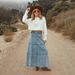 Bohemian A-Line Denim Skirt With Layered Hem & Abstract Print - Mid-Length Raw Edge Denim Skirt For Women_mkmklike.com