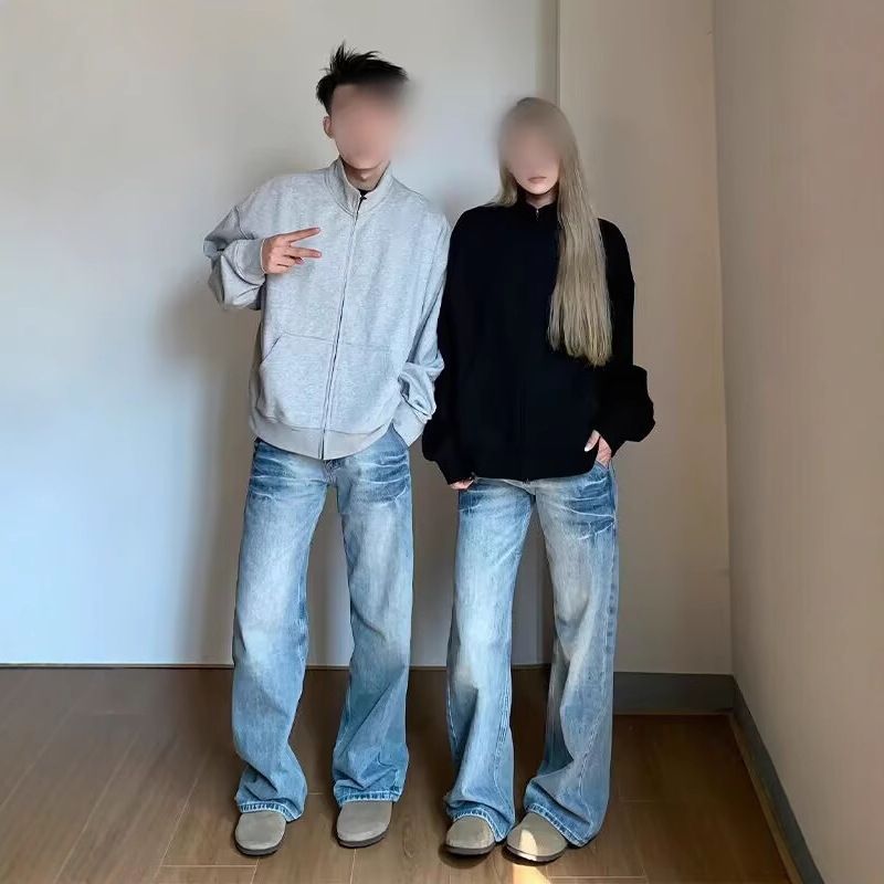 Men's Clothing Light Blue Lightning Washed Jeans Cool Pants Straight Flared Scimitar Pants_mkmklike.com