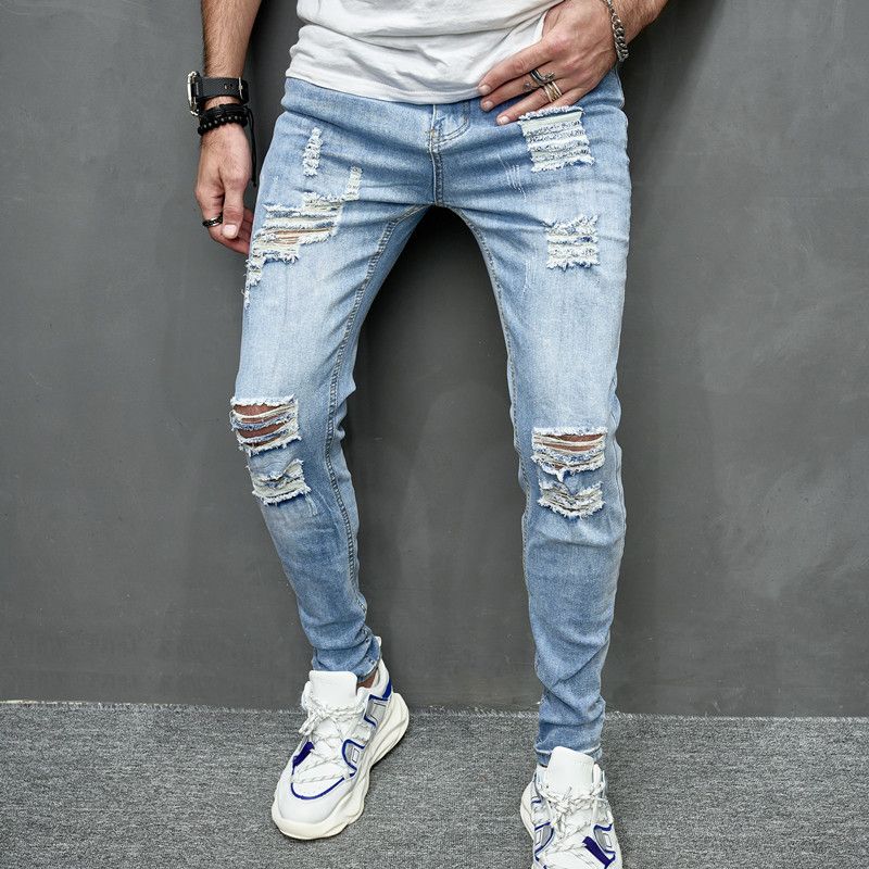 Stylish Distressed Skinny Jeans For Men & Women - Stretch Denim With Motorcycle-Inspired Design, Comfort Fit, Multiple Colors Available (Light Blue)_mkmklike.com