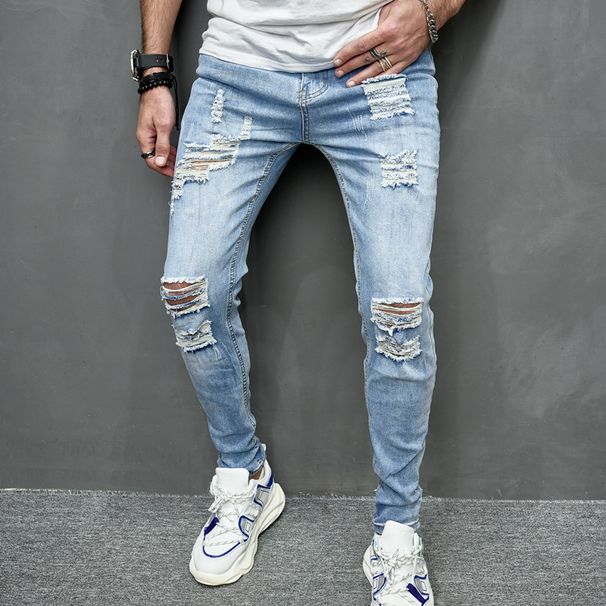 Stylish Distressed Skinny Jeans For Men & Women - Stretch Denim With Motorcycle-Inspired Design, Comfort Fit, Multiple Colors Available (Light Blue)_mkmklike.com