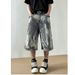 American Washed Flame Patterned Tied Denim Cropped 2025 Straight Loose Over Knee Casual Wide Leg Pants_mkmklike.com