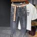 High End Men's Jeans Spring And Autumn New Style All Match Trend Elastic Small Straight Tube Ash Gray Printed Long Trousers Washed Jeans_mkmklike.com