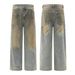Vintage Washed High-Waisted Flared Bell Bottom Jeans For Men, Distressed Denim With Color Blocking, 70s Hippie Vibe, Loose Fit Comfort, S/M/L/XL_mkmklike.com