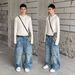 Men's Unique off the Shoulder Slanted Placket Button down Jeans Distressed Washed Loose Wide Leg Straight Leg Floor Length Trousers_mkmklike.com