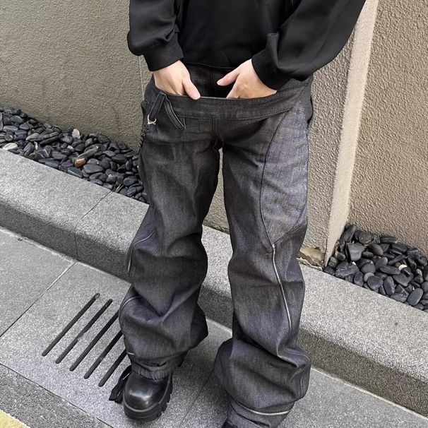 American Retro Raw Denim Jeans – Double Waisted Straight Leg Trousers With Patchwork & Faux Two-Piece Design (Black/Grey, S-3XL)_mkmklike.com