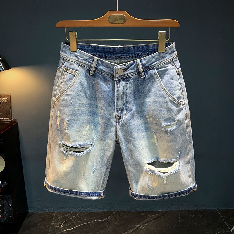 Men's Clothing Denim Shorts Men's Loose Casual Shorts Mid Waist Straight Summer Wear White Dot Hole Shorts_mkmklike.com
