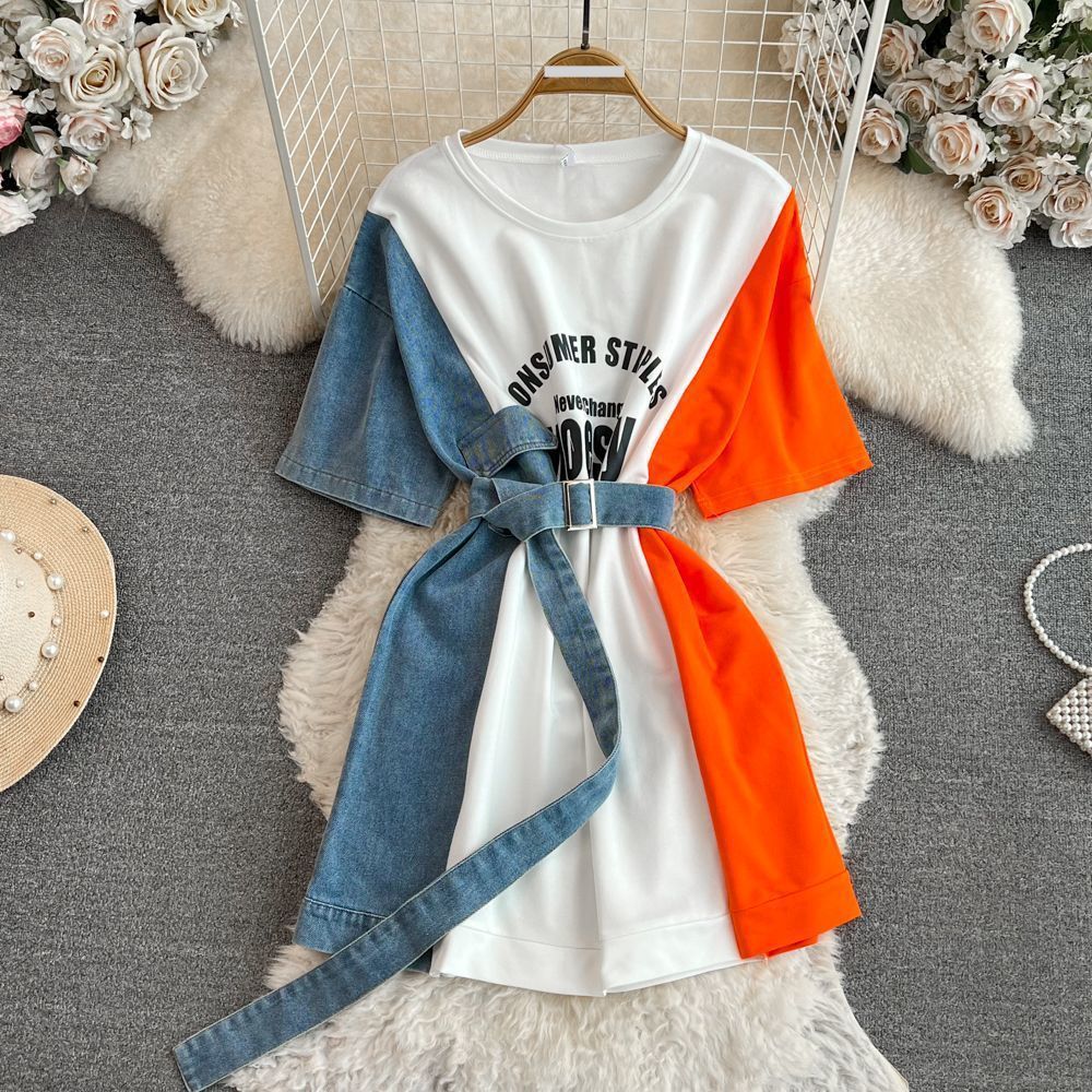 Women's Clothing Denim print patchwork shirt dress for women, new summer design, round neck, slim waist, slimming dress_mkmklike.com