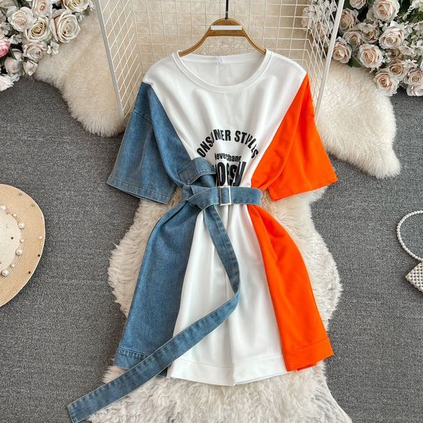 Women's Clothing Denim print patchwork shirt dress for women, new summer design, round neck, slim waist, slimming dress_mkmklike.com