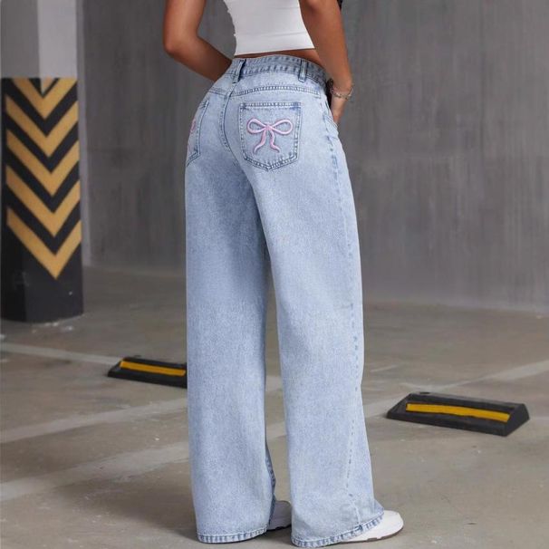Women's Clothing Spring And Autumn Sweet And Spicy Style High Waist Straight Loose Trousers Bow Embroidered Jeans For Men And Women_mkmklike.com