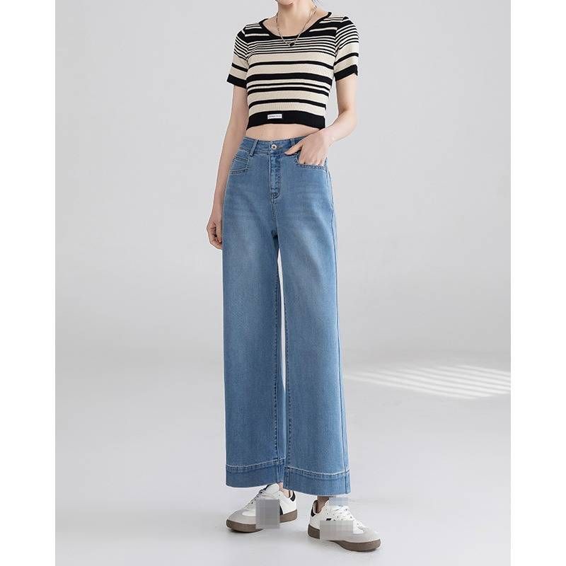 Women's High Waist Straight Leg Jeans – Comfortable Stretch Denim, Relaxed Fit, Cropped Ankle Length, Casual Wide Leg Pants (Light Blue)_mkmklike.com