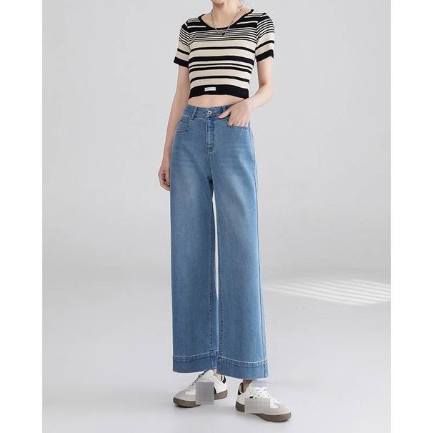 Women's High Waist Straight Leg Jeans – Comfortable Stretch Denim, Relaxed Fit, Cropped Ankle Length, Casual Wide Leg Pants (Light Blue)_mkmklike.com