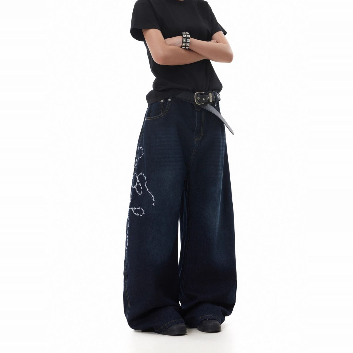 Lightning Bolt Embroidered Distressed Jeans - Baggy Wide-Leg Men's Pants With Washed Vintage Look (S-XXXL, Summer Streetwear)_mkmklike.com