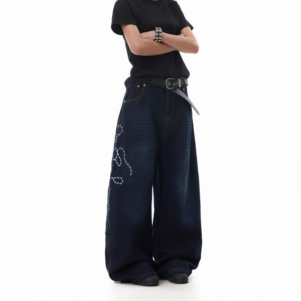 Lightning Bolt Embroidered Distressed Jeans - Baggy Wide-Leg Men's Pants With Washed Vintage Look (S-XXXL, Summer Streetwear)_mkmklike.com