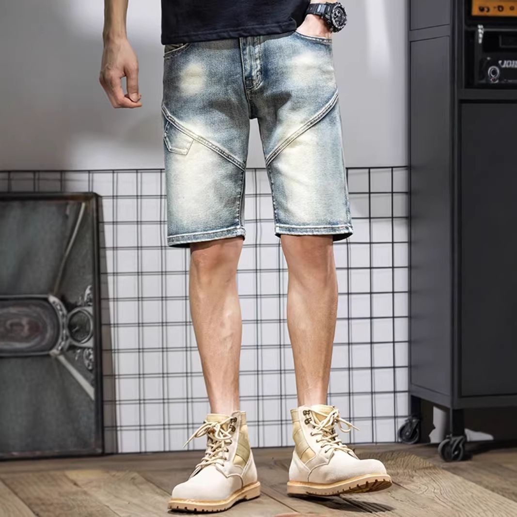 Men's Slim Fit Denim Shorts With Patchwork Design - 5-Inch Inseam Stretch Cotton Summer Casual Shorts, Blue_mkmklike.com