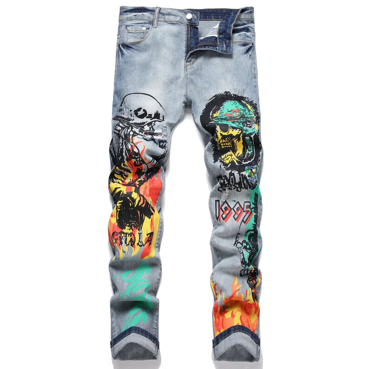 Men Skull Devil Flame Print Jeans Punk Graffiti Painted Stretch Denim Pants Holes Ripped Distressed Slim Straight Trousers_mkmklike.com
