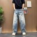 Vintage Washed Distressed Denim Jeans for Men Relaxed Fit Straight Leg Wide Hem Retro Style_mkmklike.com