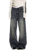 Unisex Trendy Dark Blue Straight Leg Jeans Midweight Washed Distressed Whiskered Loose Wide Leg Pants for Couples_mkmklike.com