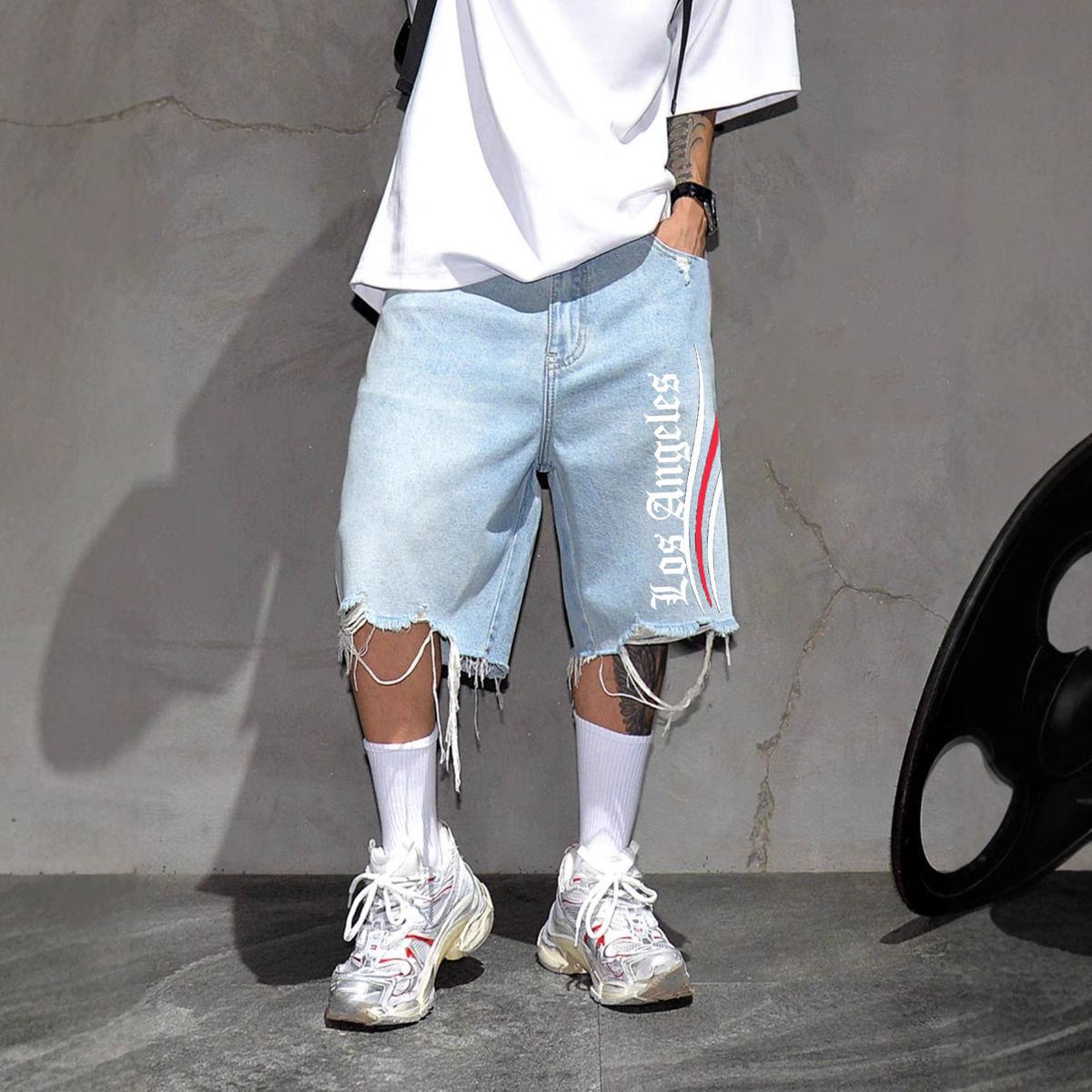 Men's Sporty Distressed Denim Shorts - Angel Letter Logo & Fringe 5-Inch Streetwear Shorts_mkmklike.com