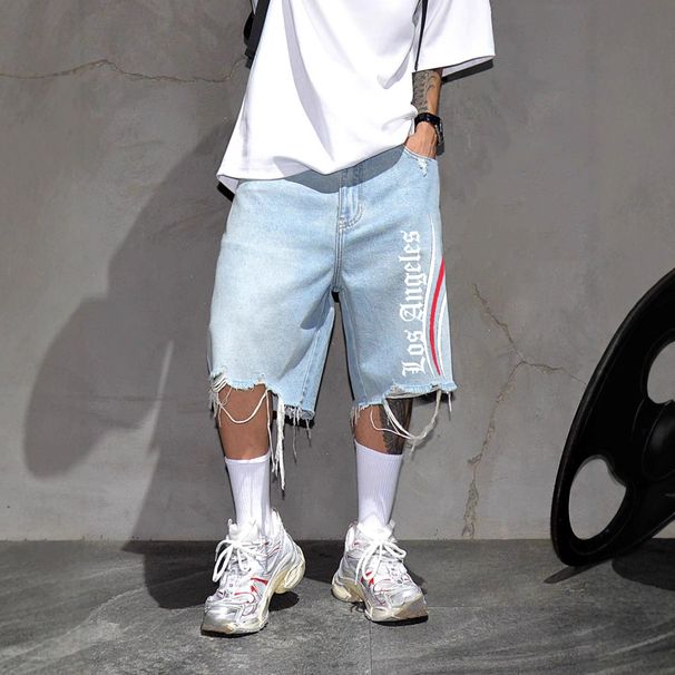 Men's Sporty Distressed Denim Shorts - Angel Letter Logo & Fringe 5-Inch Streetwear Shorts_mkmklike.com