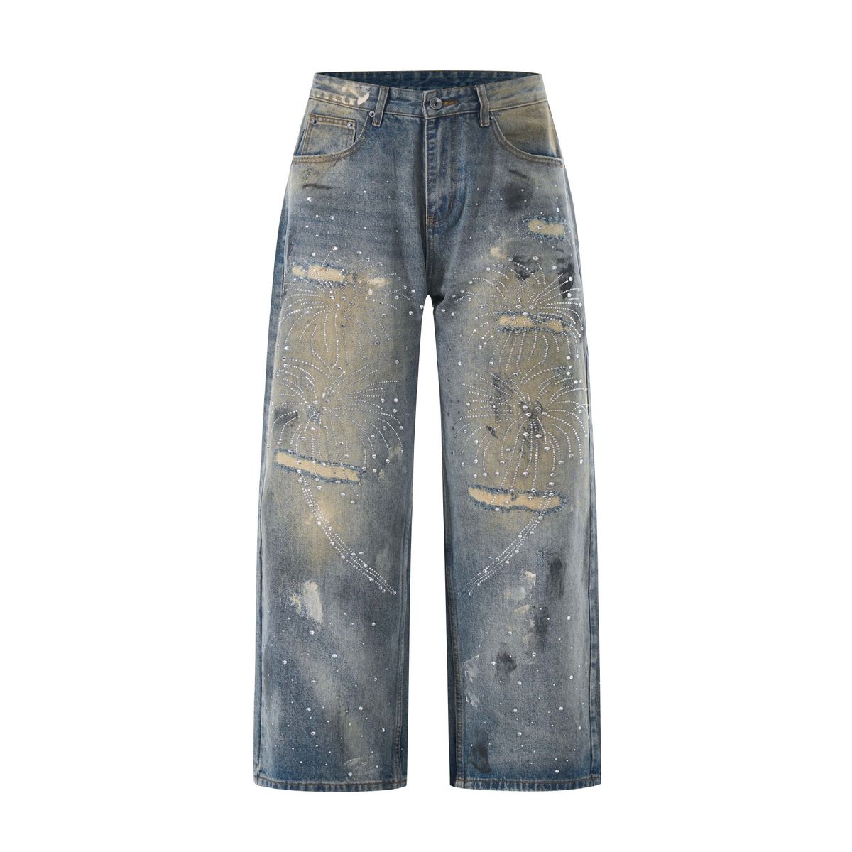 Streetwear Rhinestone Jeans For Men & Women – Vintage Washed Distressed Denim Pants With Embellished Crystal Studs (Loose Straight-Leg, Unisex)_mkmklike.com