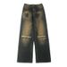 LKTM Wear # Vintage Rusty Blue Ripped Jeans Men's And Women's Loose Cleanfit Straight Leg Floor Pants B6e_mkmklike.com