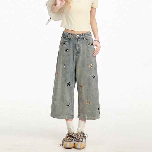 Women's Clothing Women's Distressed Washed Loose Straight Wide Leg Capri Pants Puppy Embroidery For Formal & Casual For Women_mkmklike.com