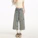 Women's Clothing Women's Distressed Washed Loose Straight Wide Leg Capri Pants Puppy Embroidery For Formal & Casual For Women_mkmklike.com