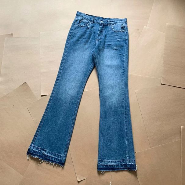 Vintage Washed Distressed Straight Leg Bootcut Jeans For Men - Retro Wesley Zuma Style Denim Pants With Frayed Hem (Light Blue, S/M/L/Xl)_mkmklike.com