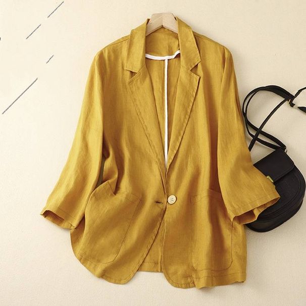Women's Clothing Retro Cotton and Linen Casual Three quarter Sleeve Short Jacket Solid Color Small Suit Tops_mkmklike.com