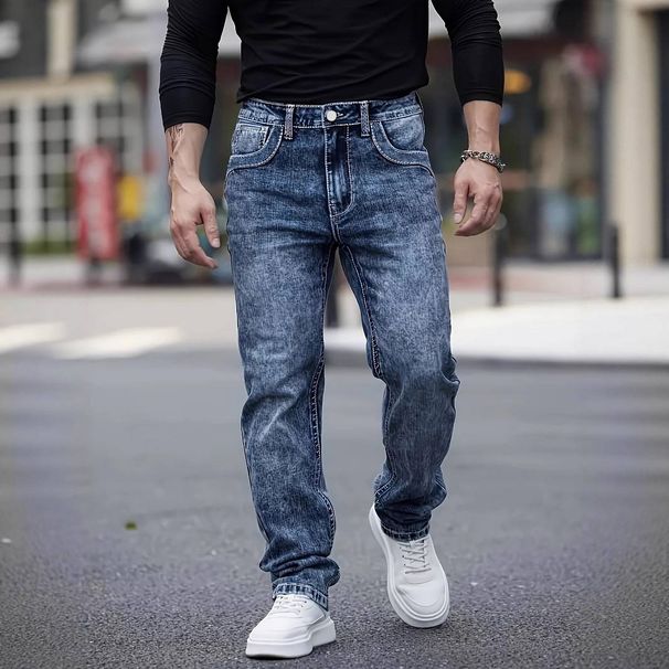 High Street Men's Jeans Nostalgic Color Embroidery Elastic Slim Small Straight Casual Men's Trousers_mkmklike.com