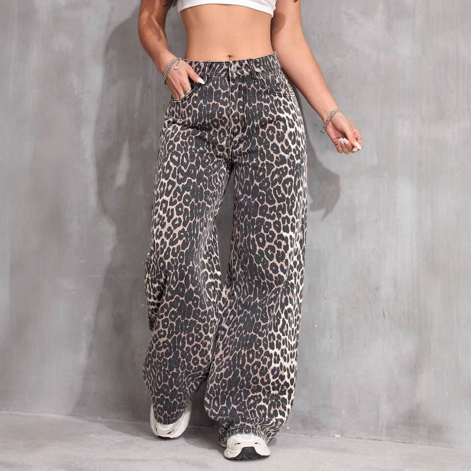 Women's Clothing Fashionable Cheetah Print Straight Leg Jeans For Women - Retro Streetwear Cotton Blend Casual Pants With Washed Denim Effect_mkmklike.com