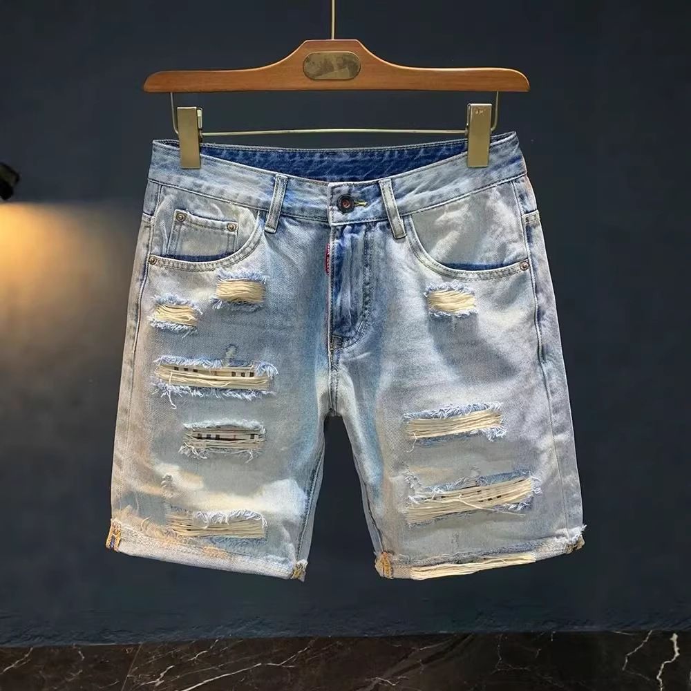 Men's Fashion Heavy Washed Denim Shorts Hong Kong Style Trendy Thin Beggar Hole Summer Clothing_mkmklike.com