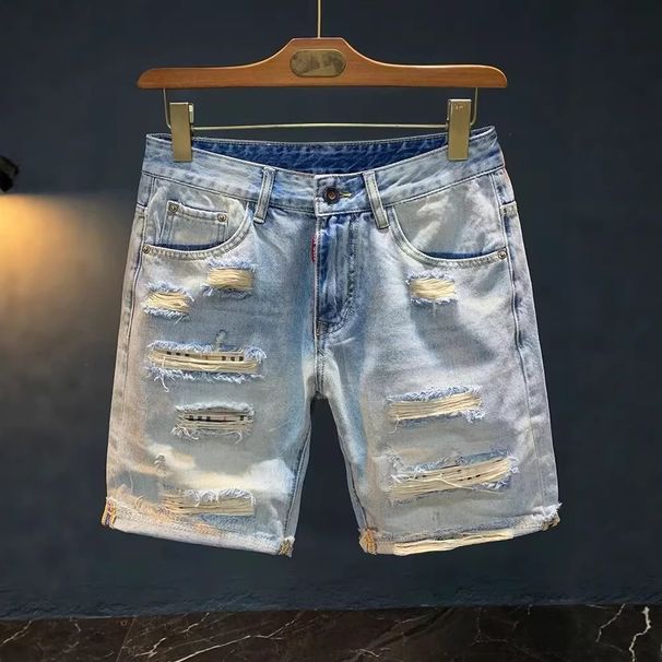 Men's Fashion Heavy Washed Denim Shorts Hong Kong Style Trendy Thin Beggar Hole Summer Clothing_mkmklike.com