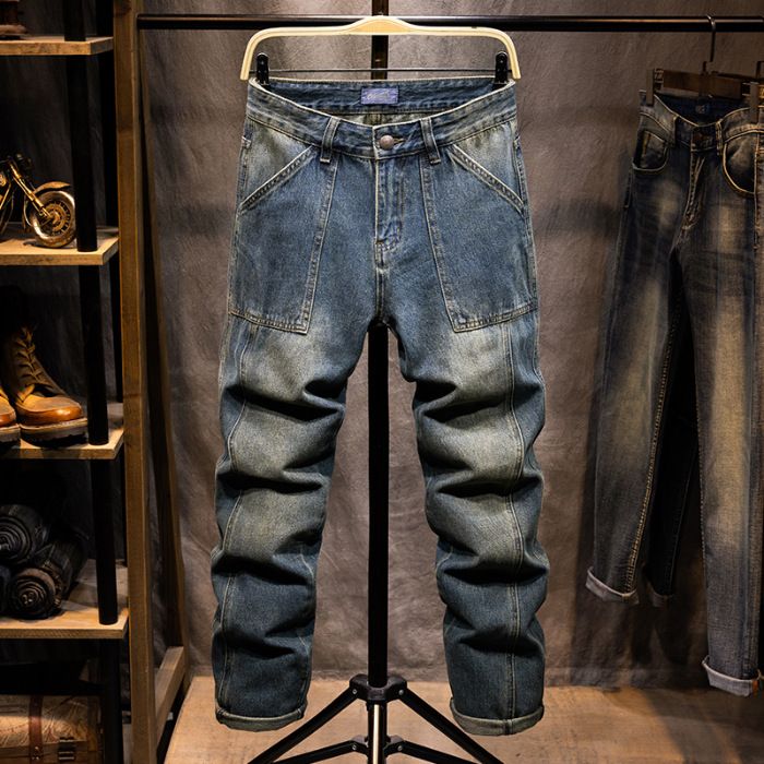Men's Wide Leg Jeans Loose Straight Patchwork Trendy Non-Stretch Long Pants_mkmklike.com