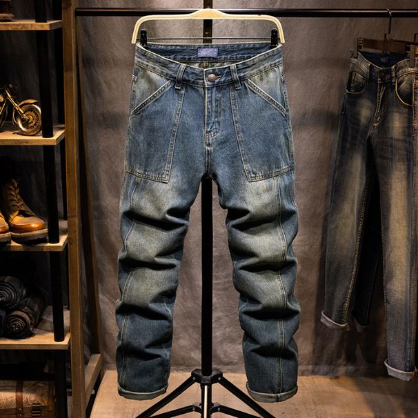 Men's Wide Leg Jeans Loose Straight Patchwork Trendy Non-Stretch Long Pants_mkmklike.com