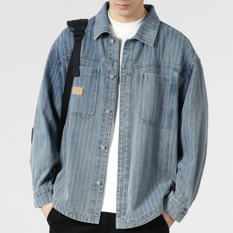 Men's Clothing Heavyweight Retro Vertical Striped Denim Shirt Men's Ins Trendy Loose Shirt_mkmklike.com