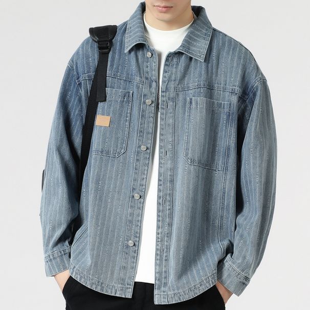 Men's Clothing Heavyweight Retro Vertical Striped Denim Shirt Men's Ins Trendy Loose Shirt_mkmklike.com