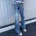 Men's Clothing Retro Washed Blue Denim Cleanfit Distressed High Street Vibe Flared Jeans_mkmklike.com