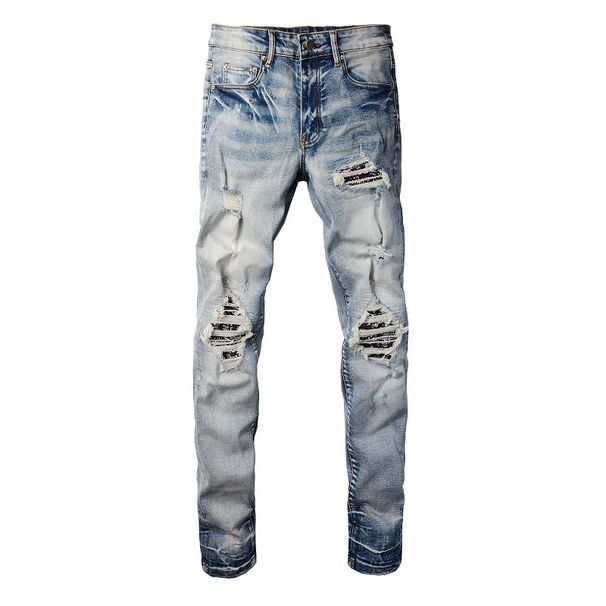 Men's Clothing High Street Fashion Brand Ripped Patch Jeans Men's American Pants Retro Stretch Slim High Street Denim_mkmklike.com
